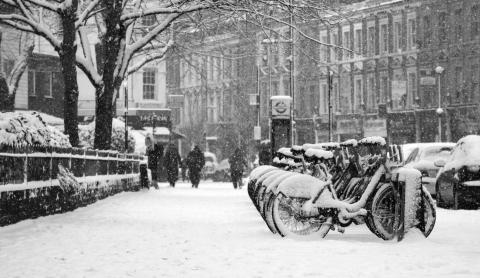 A london street blanketed in snow