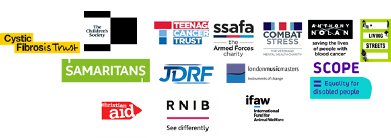 Collection of charity logos that have a line element including Cystic Fibrosis Trust, Teenage Cancer Trust and RNIB
